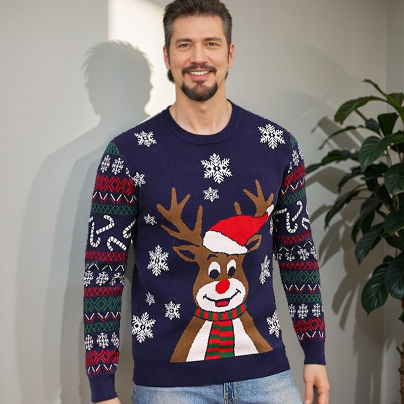 Men's Christmas slim fit round neck knitted sweater with yarn splicing