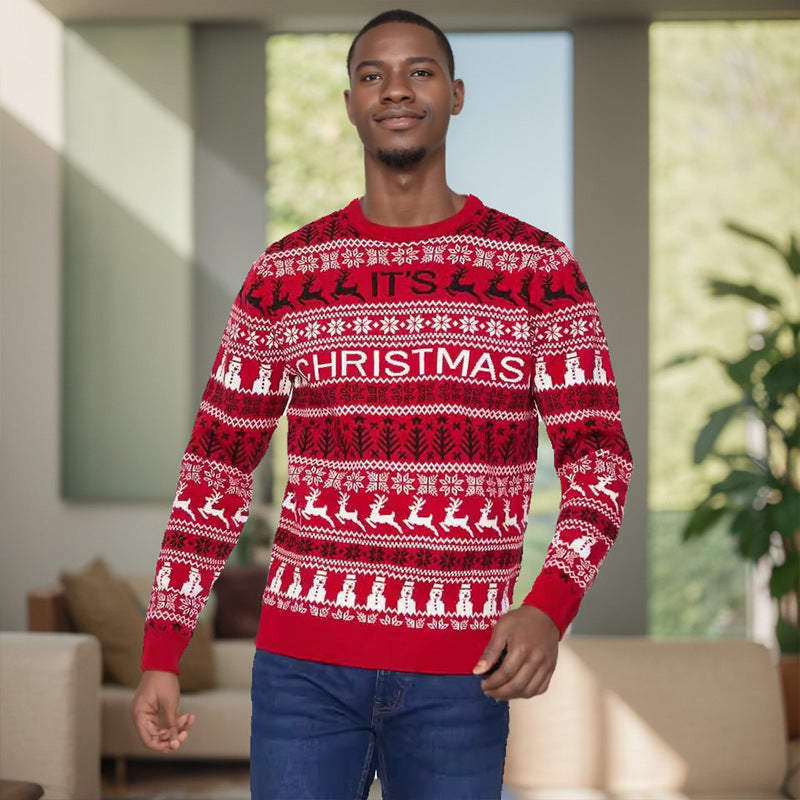 Men's Christmas slim fit round neck knitted sweater with yarn splicing