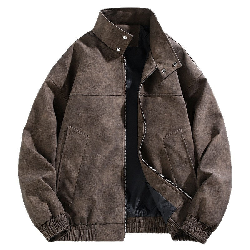 Wholesale Men's PU Leather Retro Tie-dye Jacket Spring Autumn Trendy Stand Collar Casual Jacket