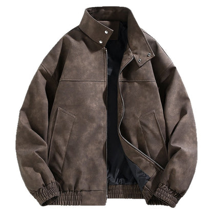 Wholesale Men's PU Leather Retro Tie-dye Jacket Spring Autumn Trendy Stand Collar Casual Jacket