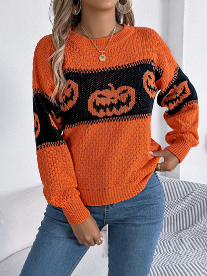Halloween themed pumpkin head contrasting long sleeved pullover sweater