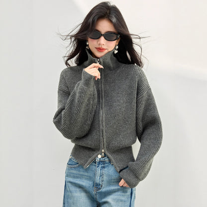 Chic High Neck Knit Sweater for Women with Double Zipper, Thickened Versatile Cardigan, Anorak Style Outwear