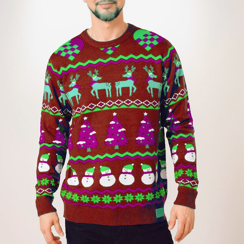 Men's Christmas slim fit round neck knitted sweater with yarn splicing