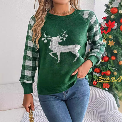 Casual plaid deer long sleeved pullover sweater for Christmas
