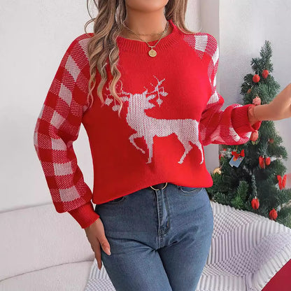 Casual plaid deer long sleeved pullover sweater for Christmas