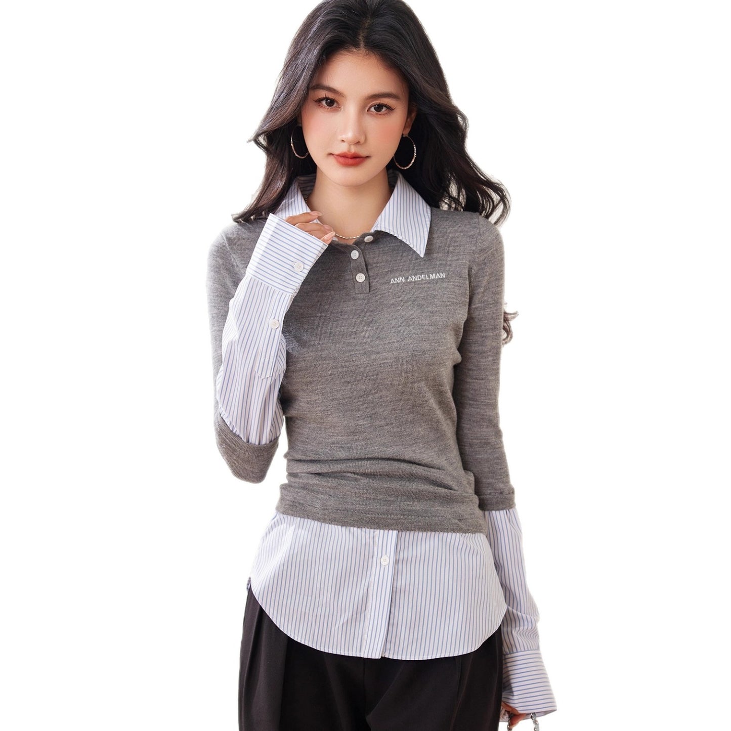 Fashionable Autumn Women's Unique and Elegant Classic Versatile Patchwork Shirt with False Two-Piece Design, Knit Top, Early Autumn New Style Top
