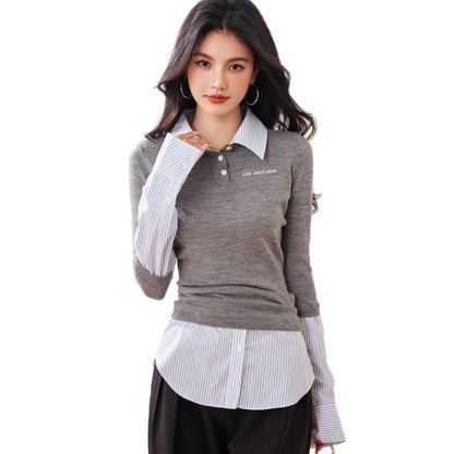Fashionable Autumn Women's Unique and Elegant Classic Versatile Patchwork Shirt with False Two-Piece Design, Knit Top, Early Autumn New Style Top