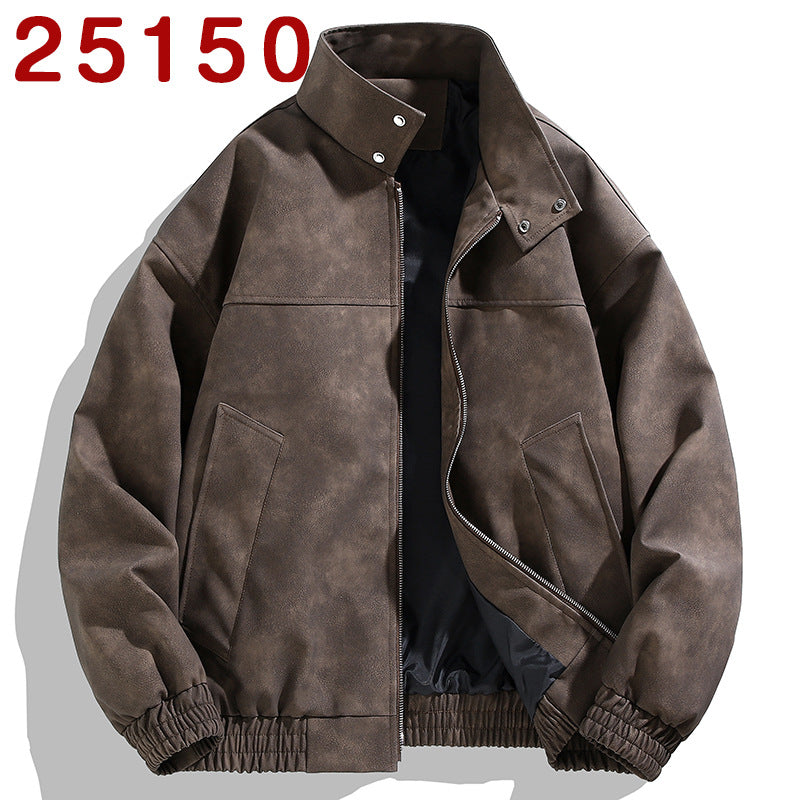 Wholesale Men's PU Leather Retro Tie-dye Jacket Spring Autumn Trendy Stand Collar Casual Jacket
