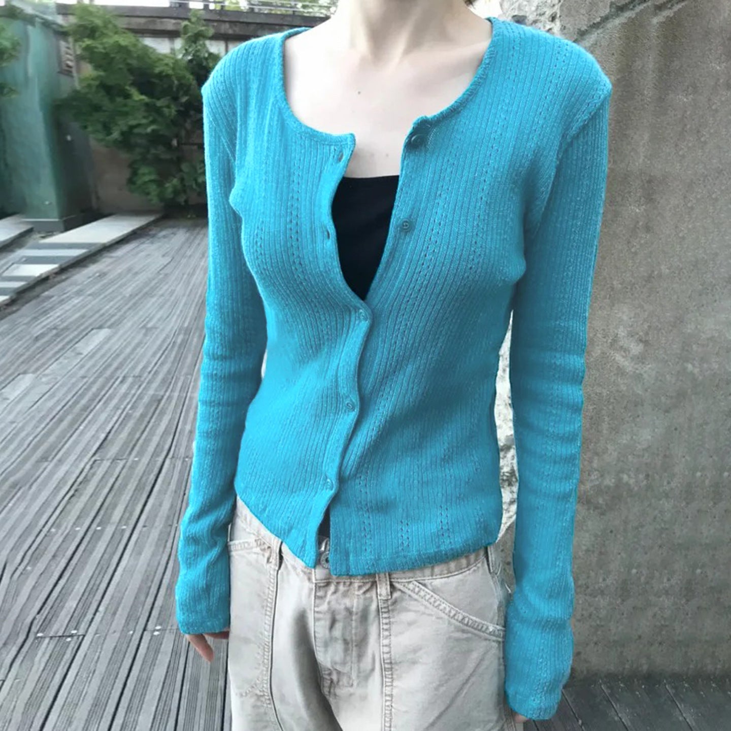 Blue woolen cardigan with button down long sleeved top women's coat