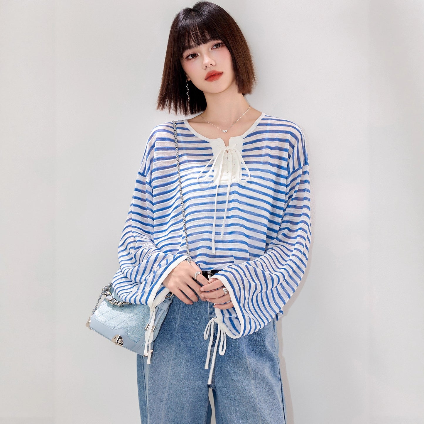 style design ice silk tie-up striped long sleeve sun protection cardigan loose slimming versatile casual top