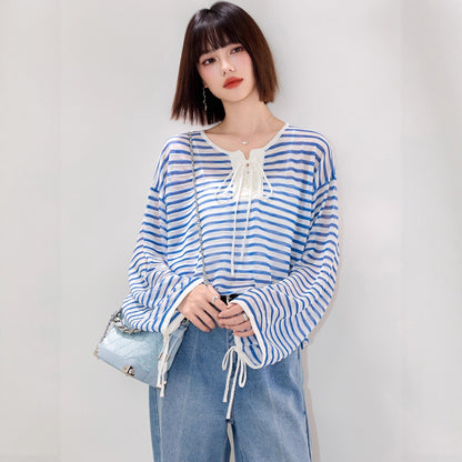 style design ice silk tie-up striped long sleeve sun protection cardigan loose slimming versatile casual top