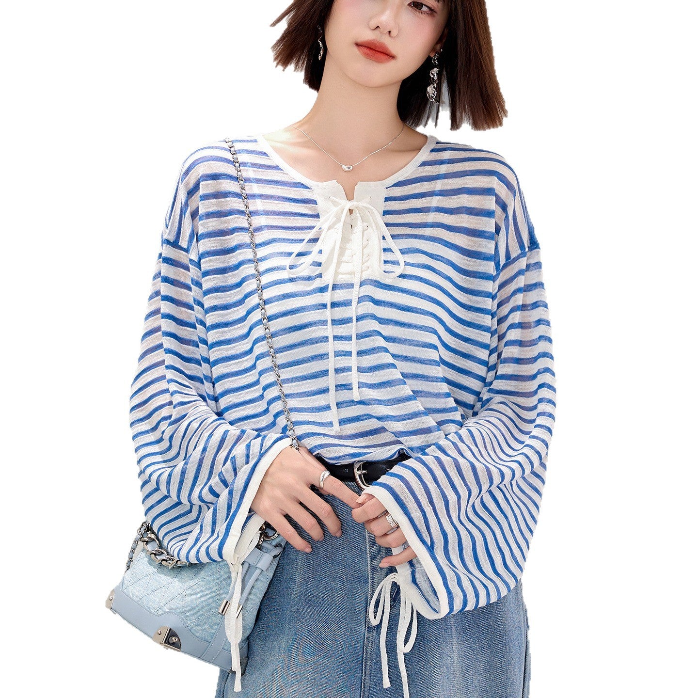style design ice silk tie-up striped long sleeve sun protection cardigan loose slimming versatile casual top