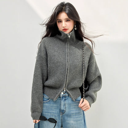 Chic High Neck Knit Sweater for Women with Double Zipper, Thickened Versatile Cardigan, Anorak Style Outwear