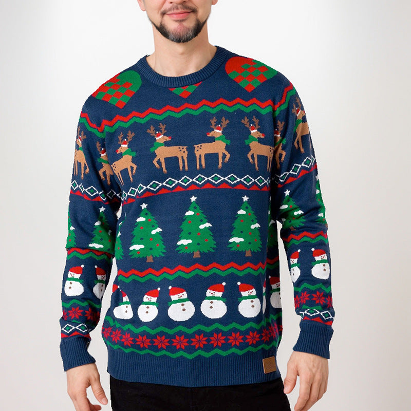 Men's Christmas slim fit round neck knitted sweater with yarn splicing
