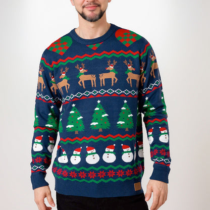 Men's Christmas slim fit round neck knitted sweater with yarn splicing