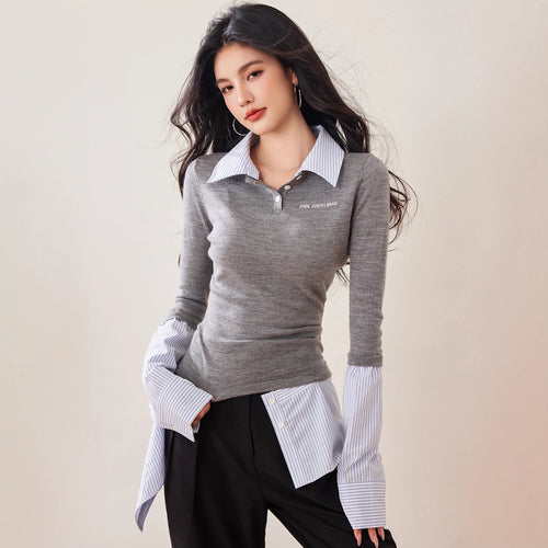 Fashionable Autumn Women's Unique and Elegant Classic Versatile Patchwork Shirt with False Two-Piece Design, Knit Top, Early Autumn New Style Top