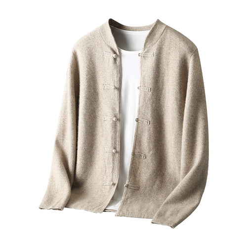 Pure wool sweater long sleeved men's loose and thick stand up collar knitted cardigan jacket
