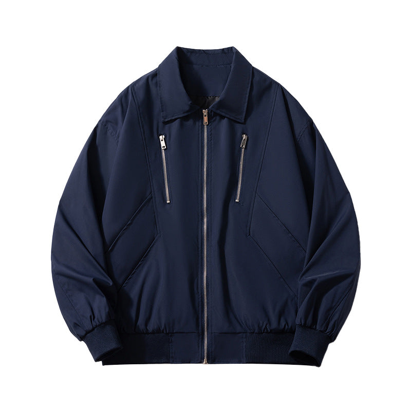 Retro Coach Jacket Men's Teenager Solid Color Turn-down Collar Short Autumn Workwear Black