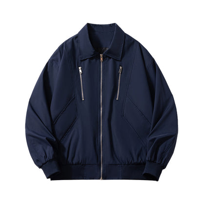 Retro Coach Jacket Men's Teenager Solid Color Turn-down Collar Short Autumn Workwear Black