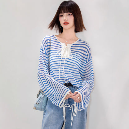 style design ice silk tie-up striped long sleeve sun protection cardigan loose slimming versatile casual top