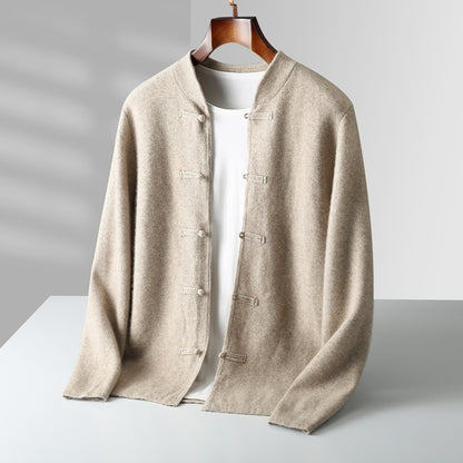 Pure wool sweater long sleeved men's loose and thick stand up collar knitted cardigan jacket