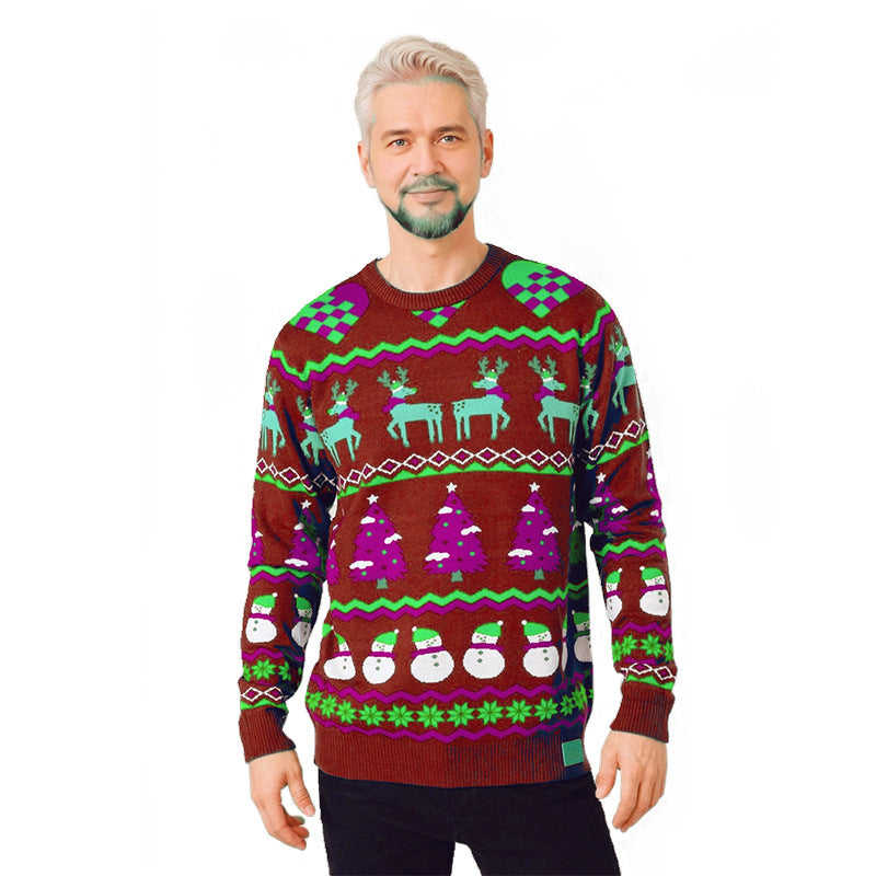 Men's Christmas slim fit round neck knitted sweater with yarn splicing