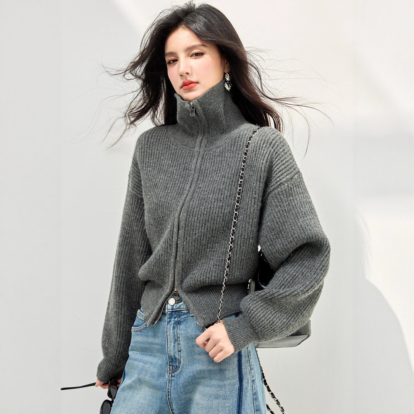 Chic High Neck Knit Sweater for Women with Double Zipper, Thickened Versatile Cardigan, Anorak Style Outwear