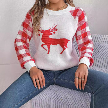 Casual plaid deer long sleeved pullover sweater for Christmas