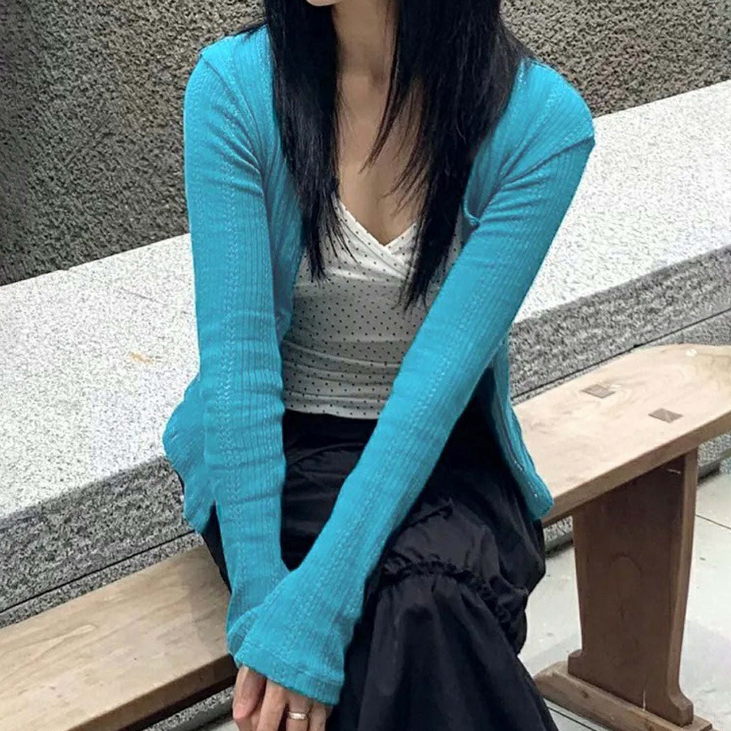 Blue woolen cardigan with button down long sleeved top women's coat