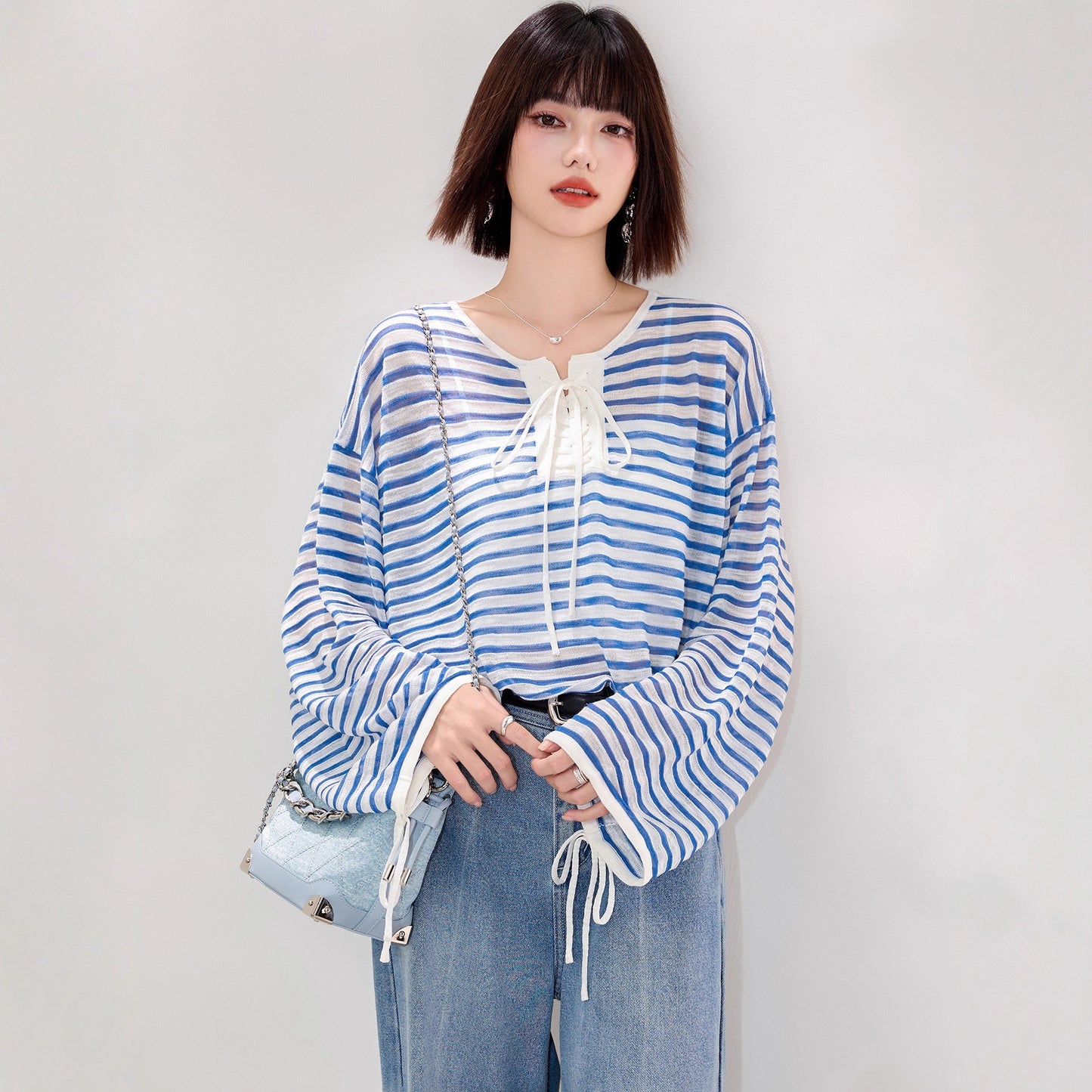 style design ice silk tie-up striped long sleeve sun protection cardigan loose slimming versatile casual top