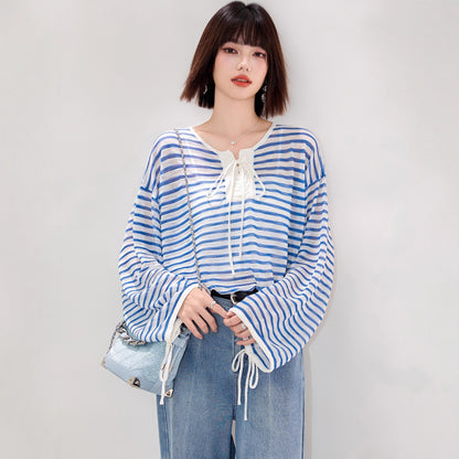 style design ice silk tie-up striped long sleeve sun protection cardigan loose slimming versatile casual top