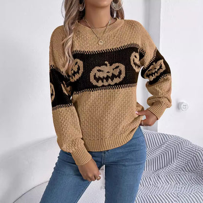 Halloween themed pumpkin head contrasting long sleeved pullover sweater