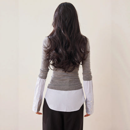 Fashionable Autumn Women's Unique and Elegant Classic Versatile Patchwork Shirt with False Two-Piece Design, Knit Top, Early Autumn New Style Top