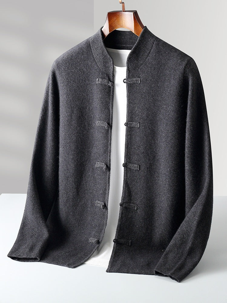 Pure wool sweater long sleeved men's loose and thick stand up collar knitted cardigan jacket