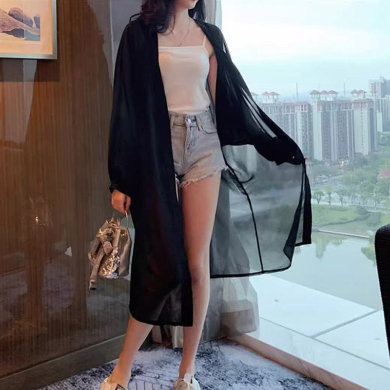 Sun Protection Cardigan for Women Summer New Arrival Chiffon Sunscreen Jacket Mid-Length Outerwear Beach Cover-Up Thin Coat