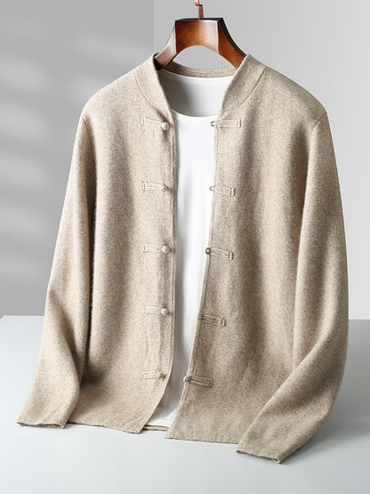 Pure wool sweater long sleeved men's loose and thick stand up collar knitted cardigan jacket