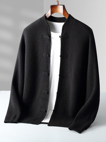 Pure wool sweater long sleeved men's loose and thick stand up collar knitted cardigan jacket