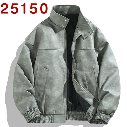 Wholesale Men's PU Leather Retro Tie-dye Jacket Spring Autumn Trendy Stand Collar Casual Jacket