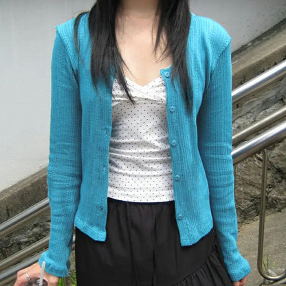 Blue woolen cardigan with button down long sleeved top women's coat