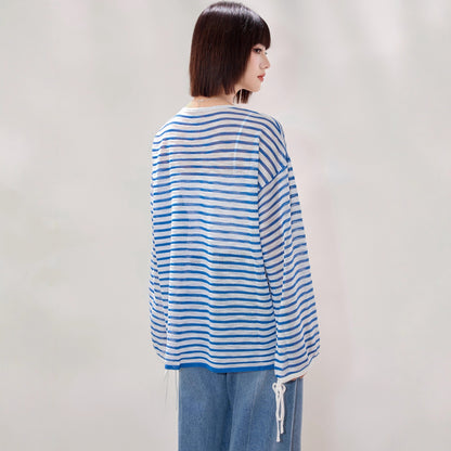 style design ice silk tie-up striped long sleeve sun protection cardigan loose slimming versatile casual top