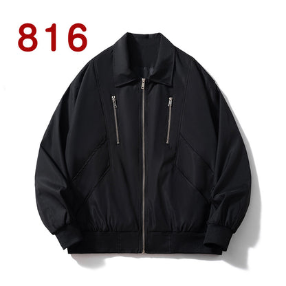 Retro Coach Jacket Men's Teenager Solid Color Turn-down Collar Short Autumn Workwear Black