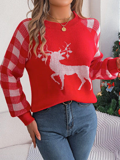 Casual plaid deer long sleeved pullover sweater for Christmas