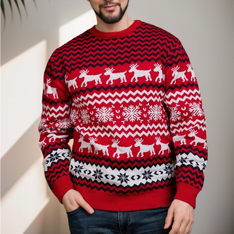 Men's Christmas slim fit round neck knitted sweater with yarn splicing