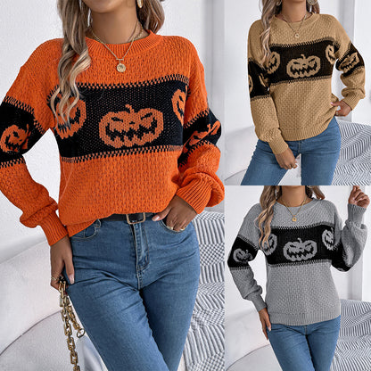 Halloween themed pumpkin head contrasting long sleeved pullover sweater
