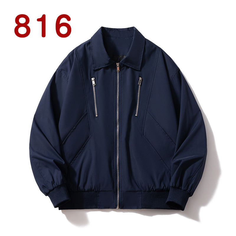 Retro Coach Jacket Men's Teenager Solid Color Turn-down Collar Short Autumn Workwear Black