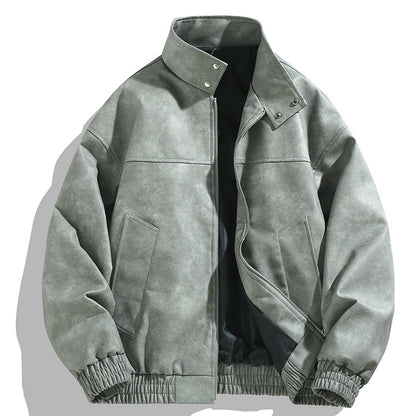 Wholesale Men's PU Leather Retro Tie-dye Jacket Spring Autumn Trendy Stand Collar Casual Jacket