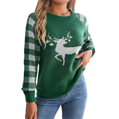 Casual plaid deer long sleeved pullover sweater for Christmas