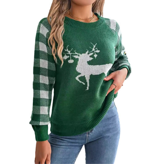 Casual plaid deer long sleeved pullover sweater for Christmas