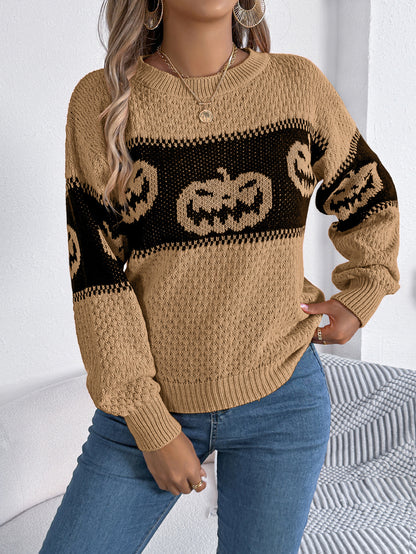 Halloween themed pumpkin head contrasting long sleeved pullover sweater