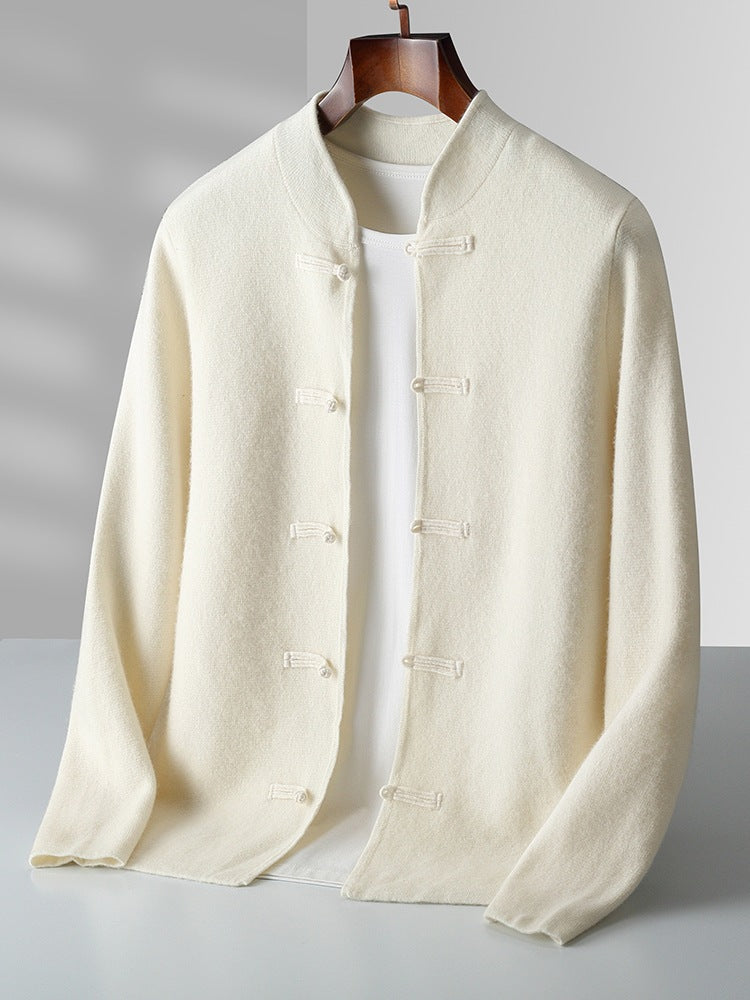 Pure wool sweater long sleeved men's loose and thick stand up collar knitted cardigan jacket